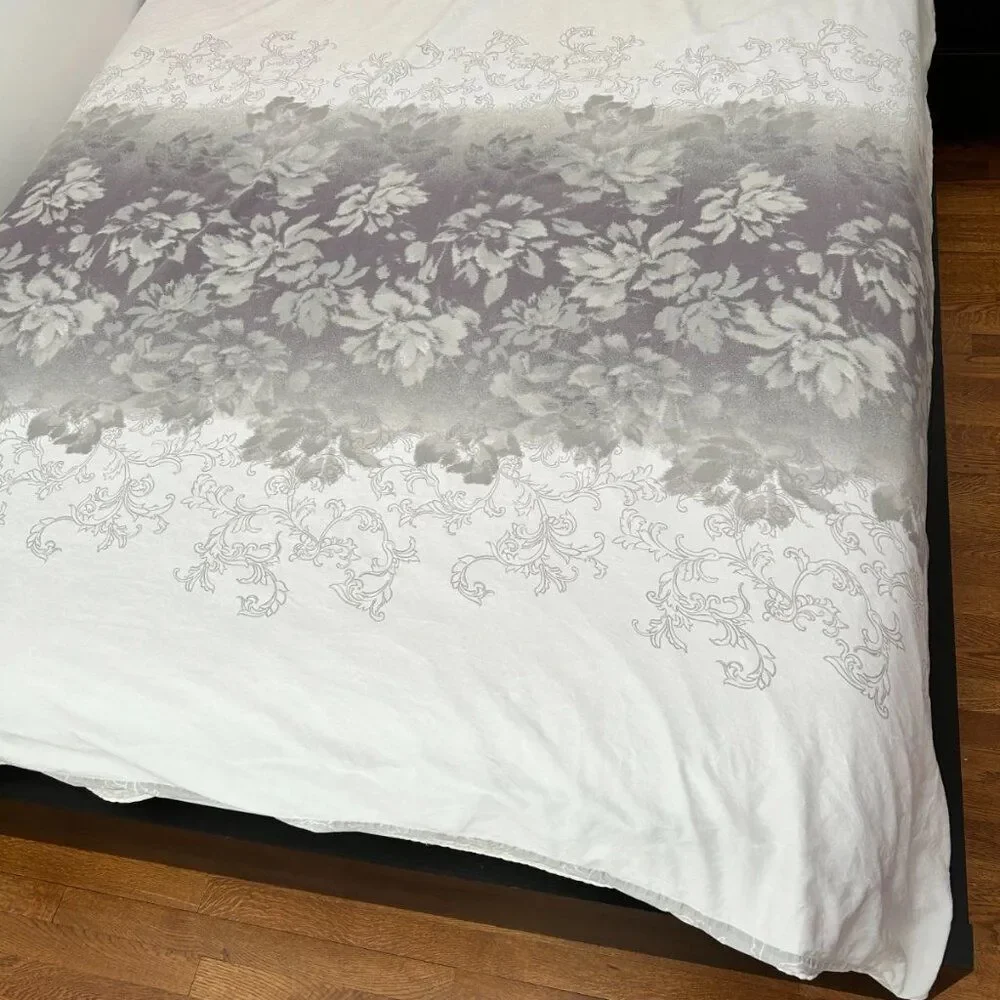 Tahari Home Queen Duvet Cover Set - 100% Cotton Grey and White Floral (3-Piece)